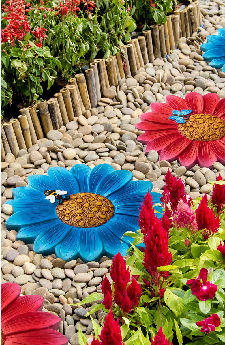 Glitzhome Set of 2 Cement Flower Style and Textured Stepping Stones with Butterfly and Bee, Alternate, color, Blue