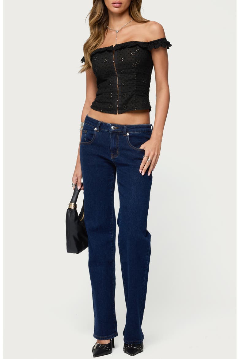 Jordana Ruffle Eyelet Off the Shoulder Crop Top, Alternate, color, BLACK