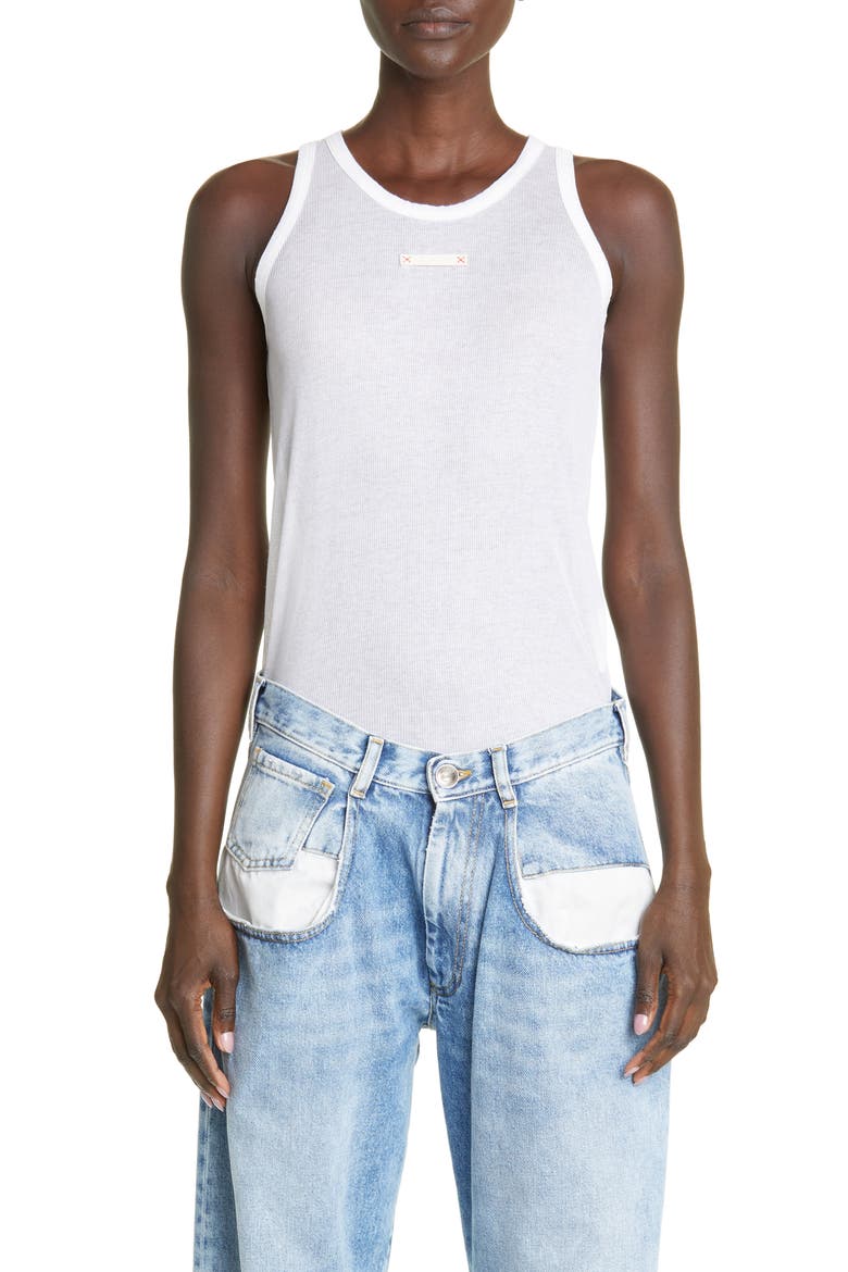 Patch Rib Cotton & Silk Tank, Main, color, WHITE
