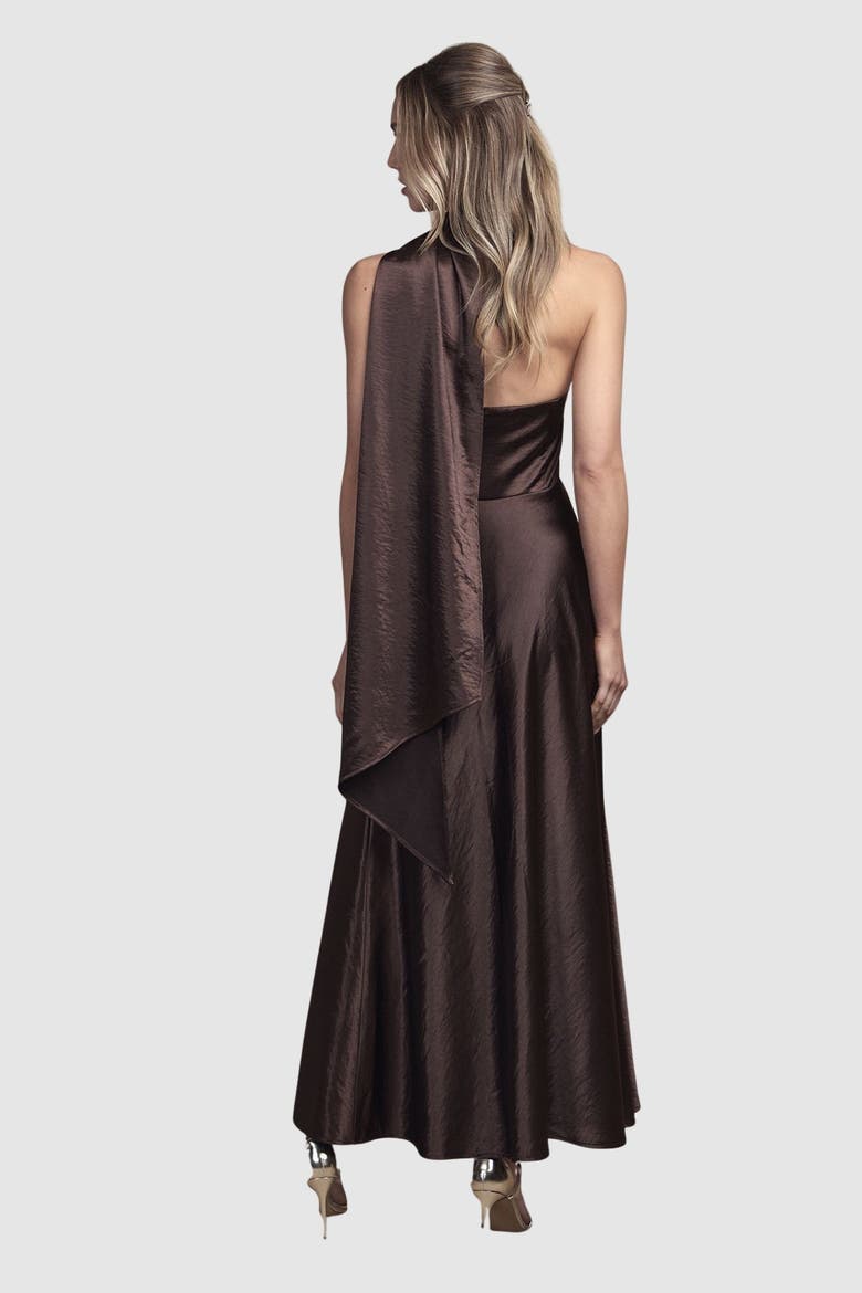 Satin Scarf Detail Maxi Bridesmaid Dress, Alternate, color, Chocolate