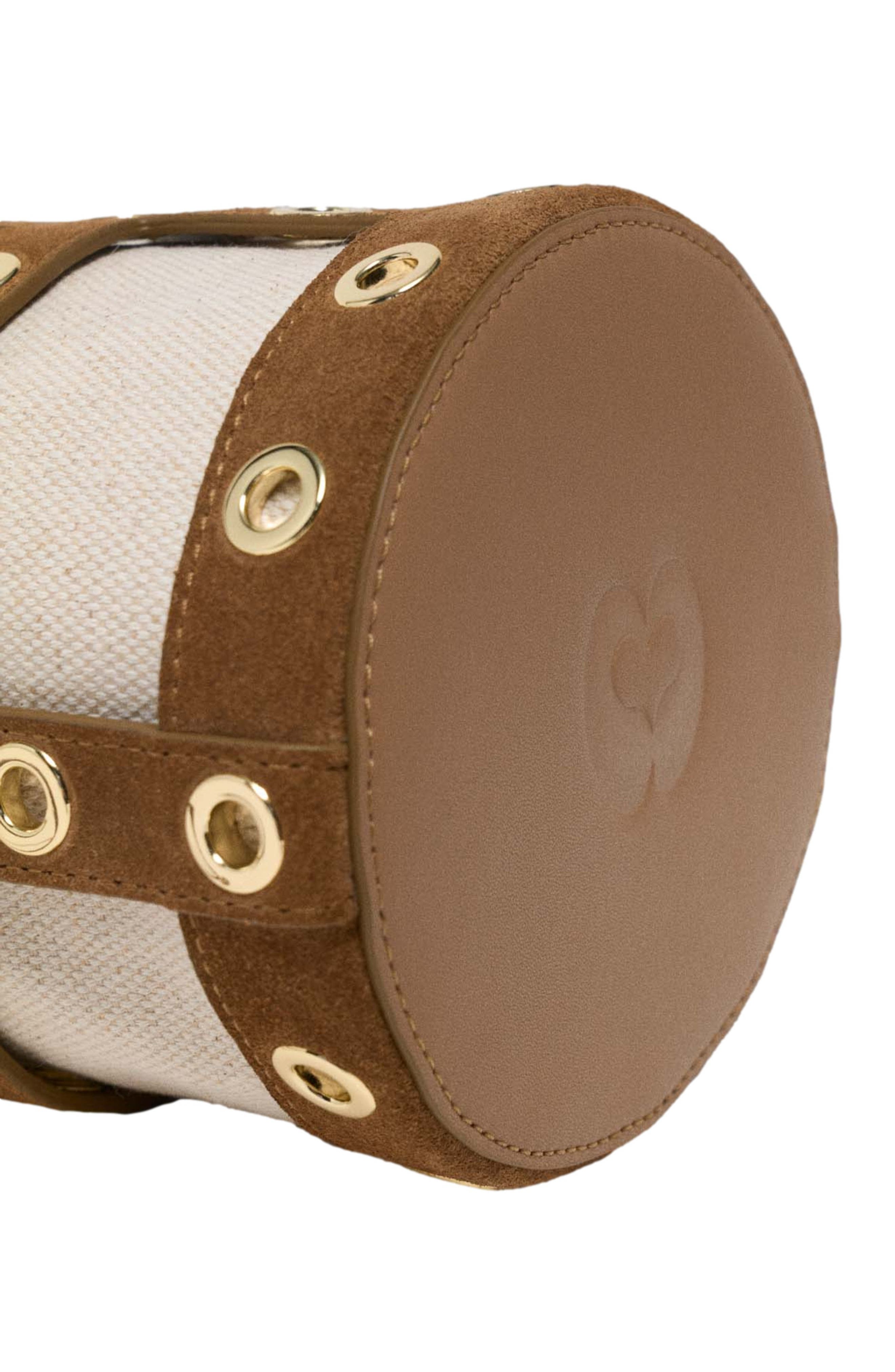 maje Suede Miss M bucket bag, Alternate, color, Camel