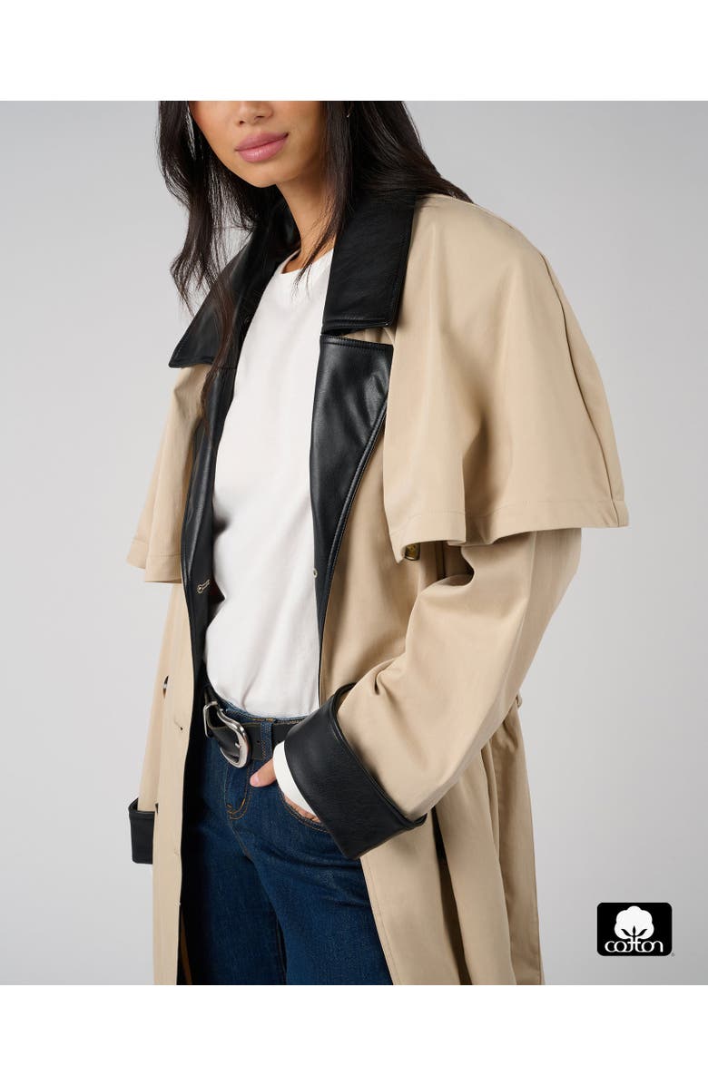 WeWoreWhat Vegan Leather Trim Trench Coat, Alternate, color, Taupe/Black