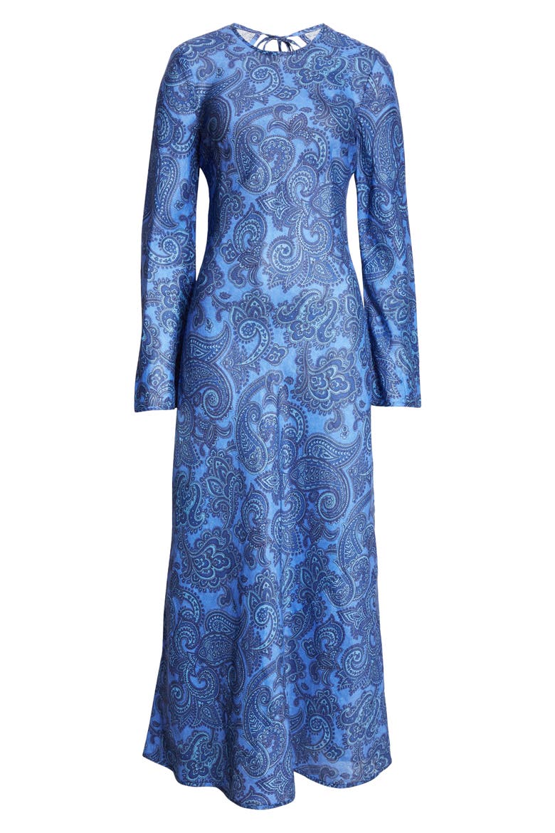 Ottie Paisley Long Sleeve Open Back Linen Maxi Dress, Alternate, color, BLUE PAISLEY