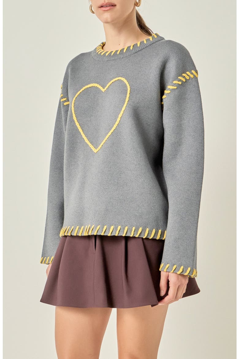 Heart Whipstitch Sweater, Alternate, color, GREY/ YELLOW