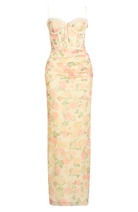 Calista Floral Print Corset Sleeveless Gown