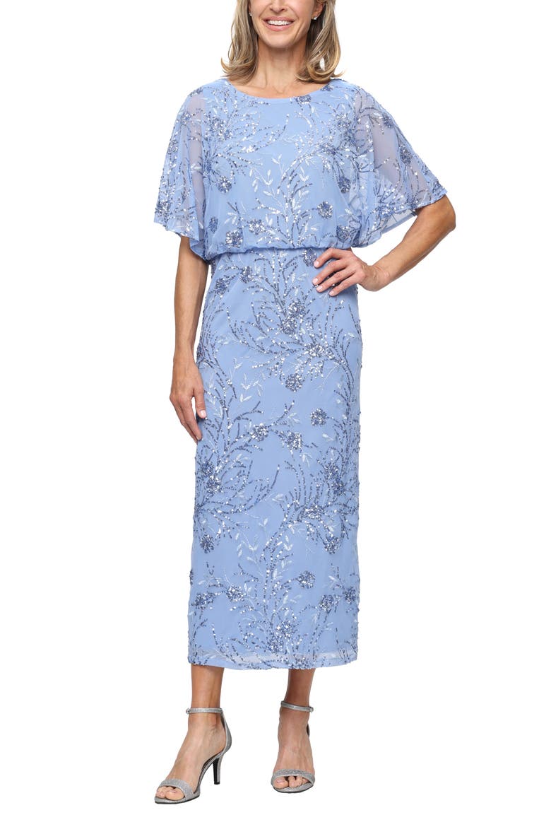 Sequin Blouson Bodice Gown, Main, color, BLUE