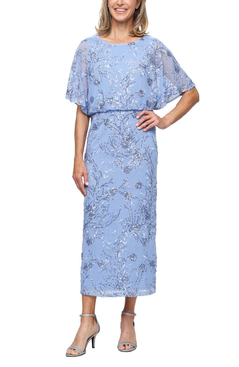 SL FASHIONS Sequin Blouson Bodice Gown, Main, color, Blue