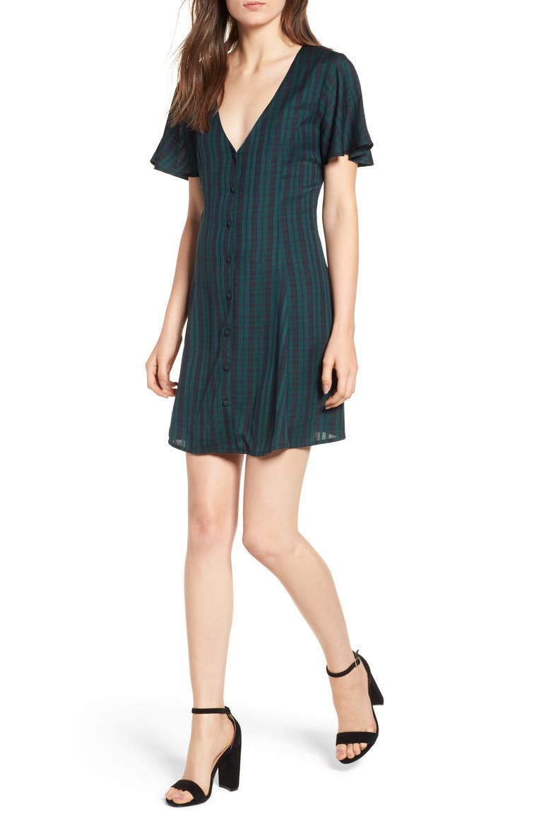 Plaid Button Front Dress, Main, color, GREEN BOTANICAL SMALL CHECK