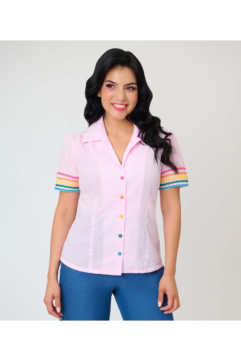 1940s Short Sleeve Collared Button Down Woven Blouse, Alternate, color, Pink w/ Rainbow Print
