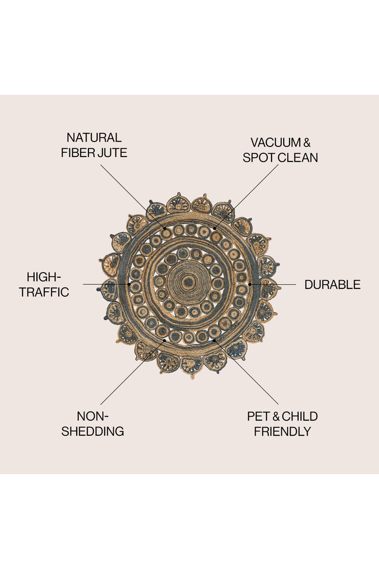 Flora Medallion Contemporary Bohemian Round Jute Round Area Rug, Alternate, color, Blue/Natural