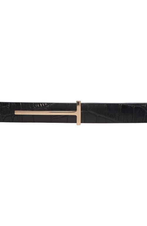 Tom Ford Croc Embossed Patent Leather Skinny Belt In Gold