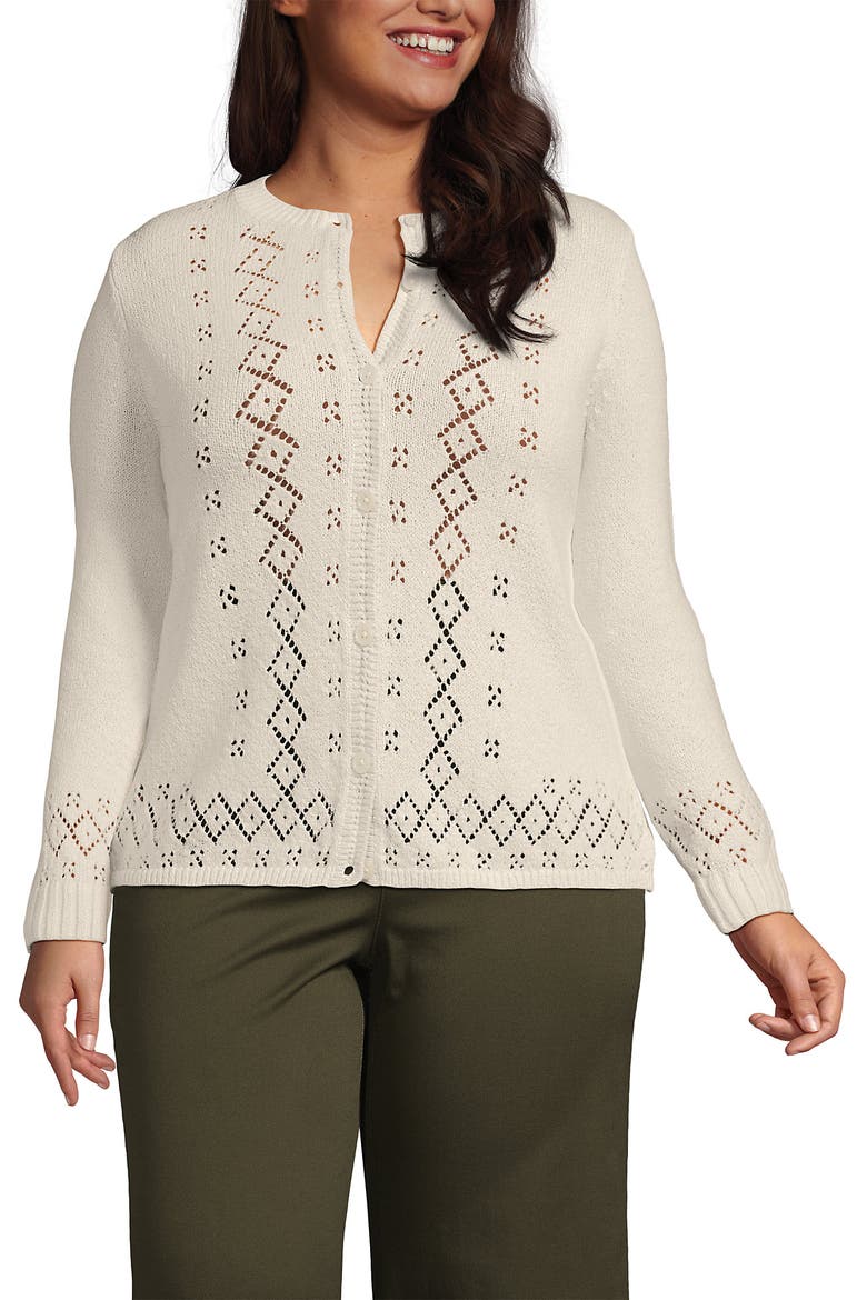 Plus Size Pointelle Crew Neck Cardigan Sweater, Main, color, Ivory Latte