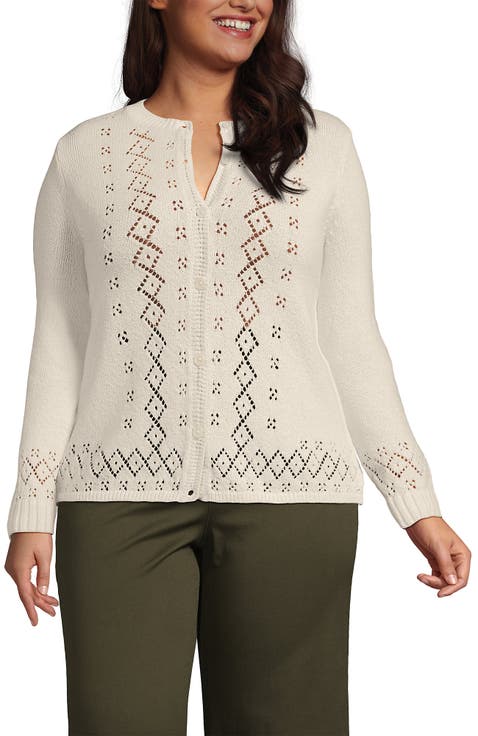Plus Size Pointelle Crew Neck Cardigan Sweater