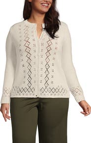 Lands' End Plus Size Pointelle Crew Neck Cardigan Sweater