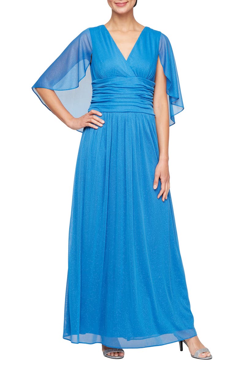 SL FASHIONS Shimmer Capelet Gown, Main, color, 