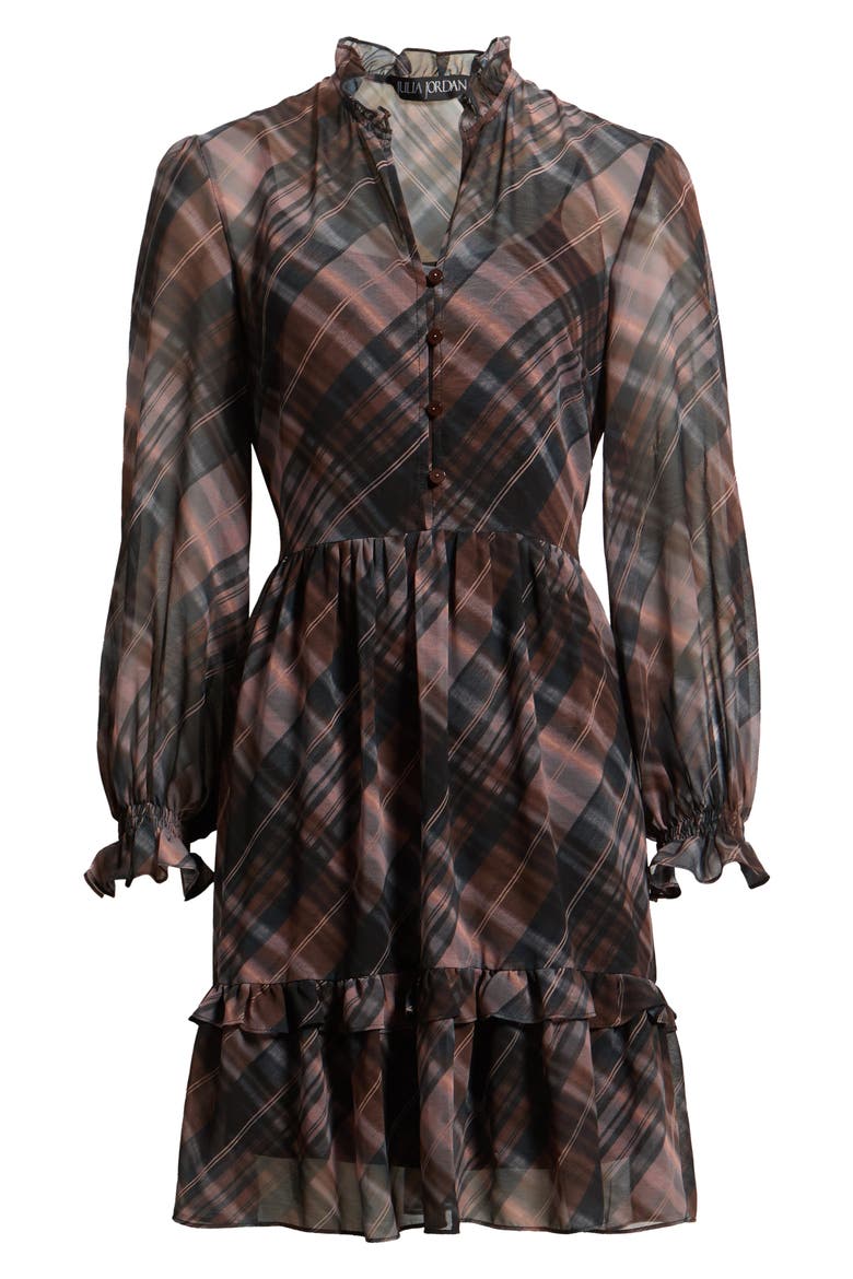 Long Sleeve Plaid Georgette Dress, Alternate, color, BROWN/ BLACK