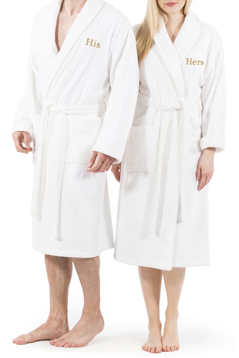 Embroidered 'Hers' Terry Bathrobe, Main, color, WHITE