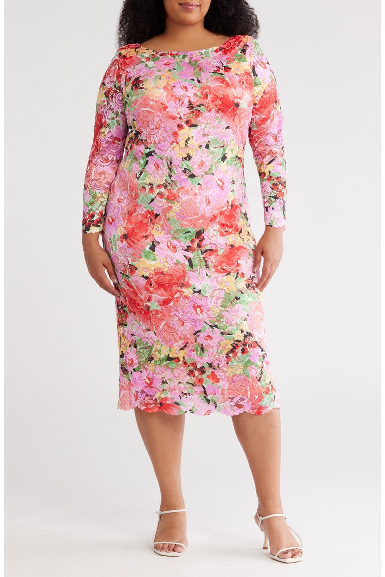 Floral Long Sleeve Lace Midi Dress, Main, color, PINK MULTI