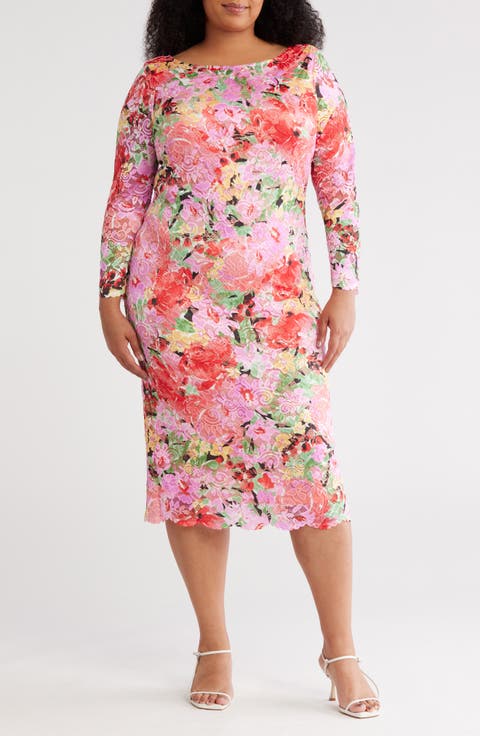 Floral Long Sleeve Lace Midi Dress (Plus)