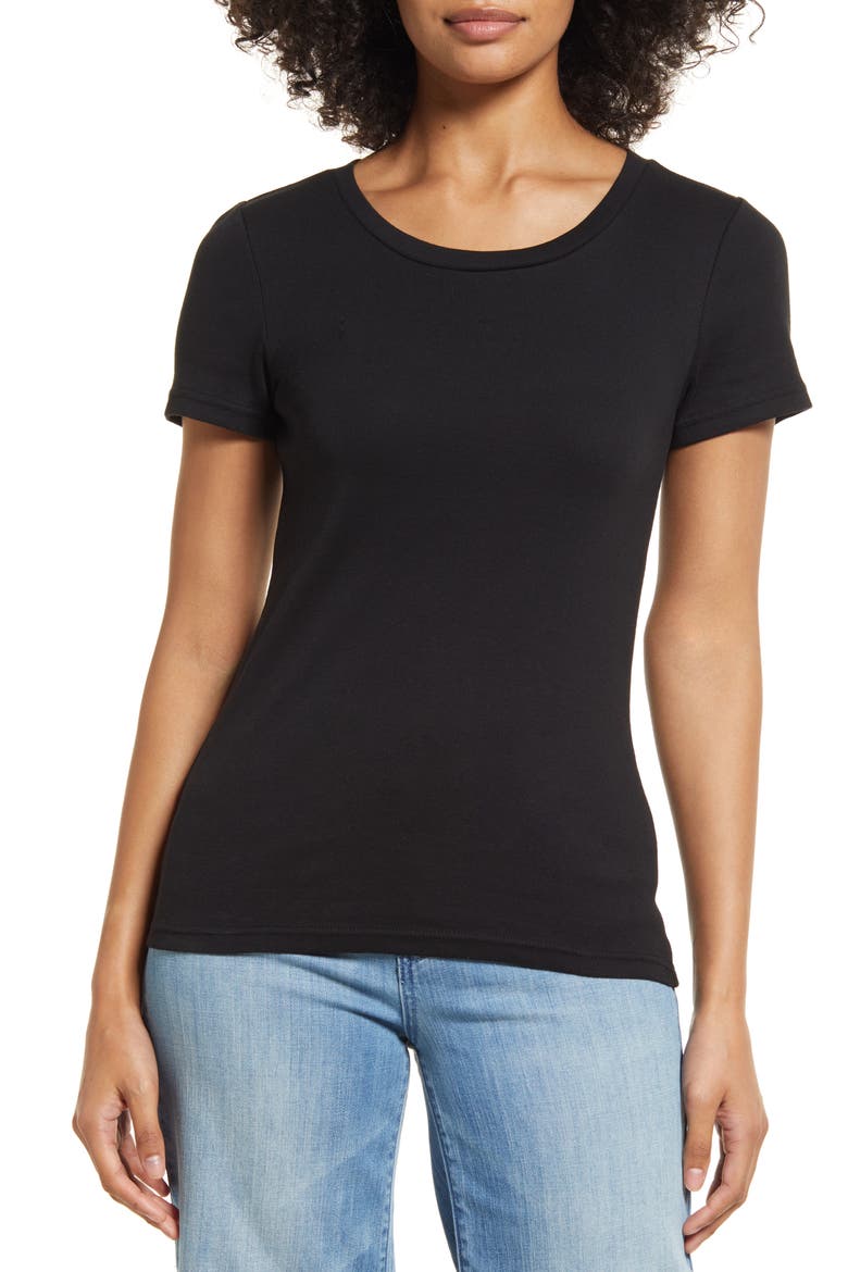 Essential Crew Neck Ribbed T-Shirt, Main, color, BLACK