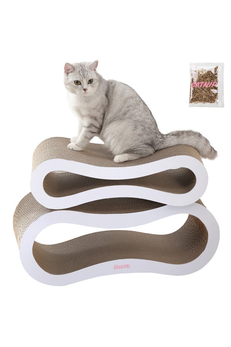 Suvi Modern Cardboard Infinity 2-in-1 Lounge Bed Cat Scratcher with Catnip, Main, color, White