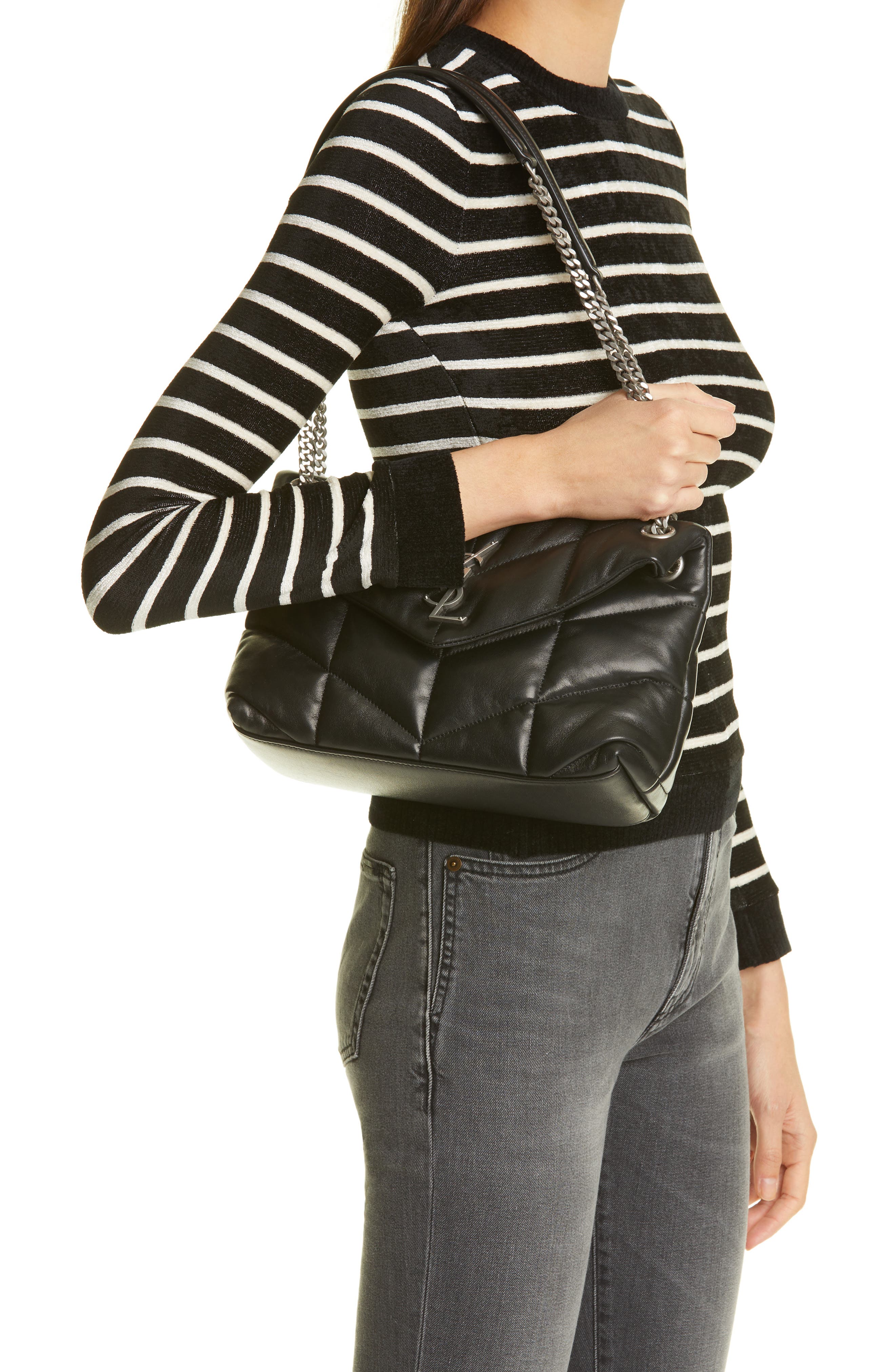 Saint Laurent Small Lou Leather Puffer Bag, Alternate, color, 1000 Nero