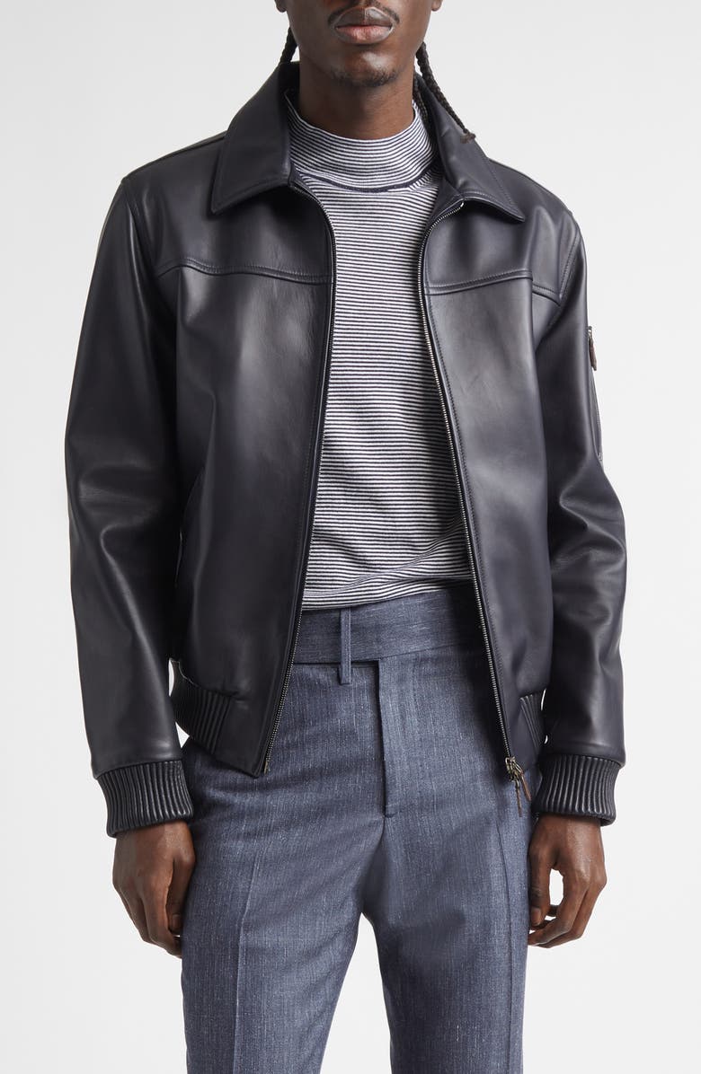 ISAIA Aviator Lambskin Leather Jacket, Main, color, Dark Blue