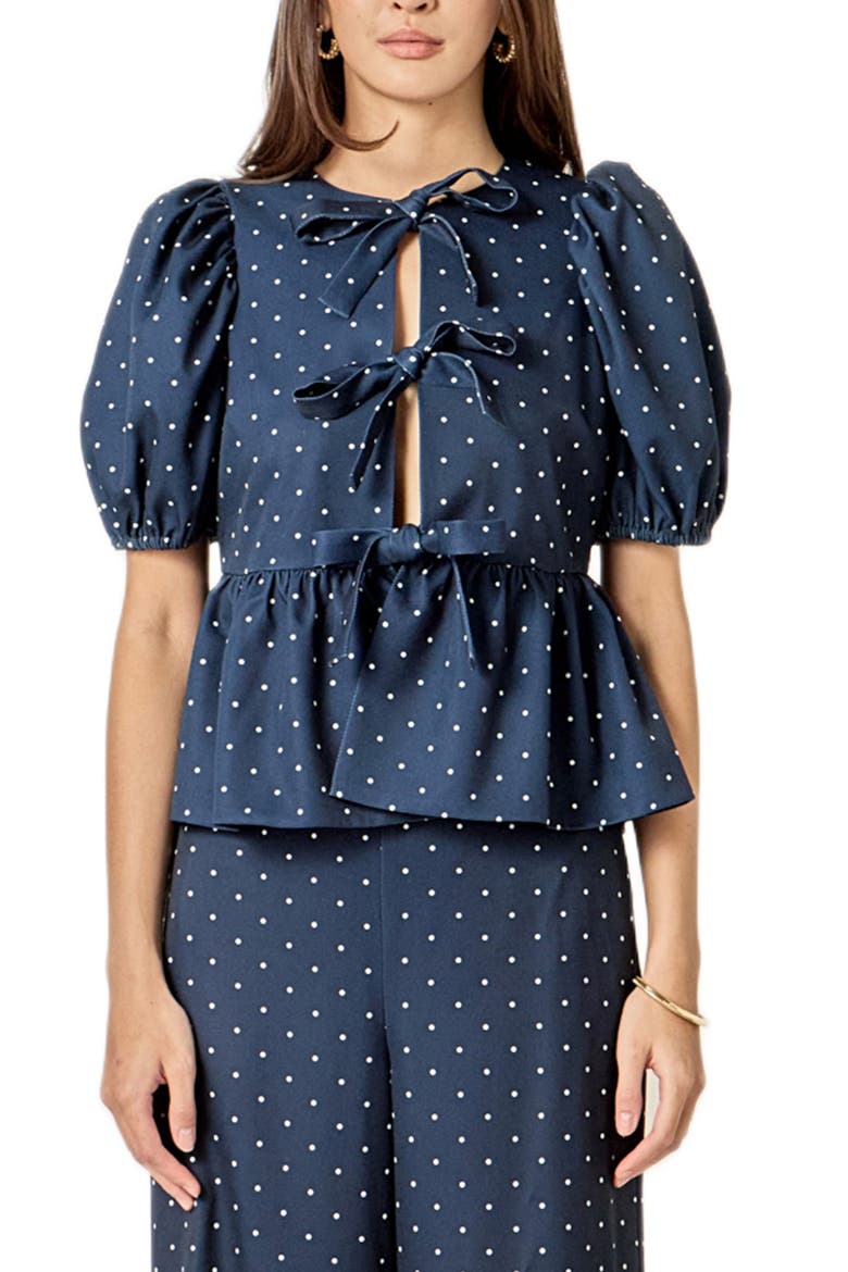 Dot Tie Front Puff Sleeve Top, Main, color, NAVY