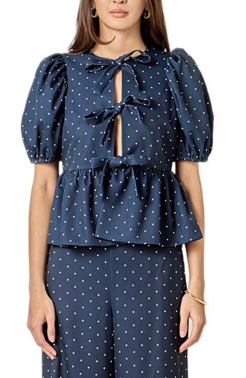 Dot Tie Front Puff Sleeve Top