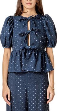 English Factory Dot Tie Front Puff Sleeve Top
