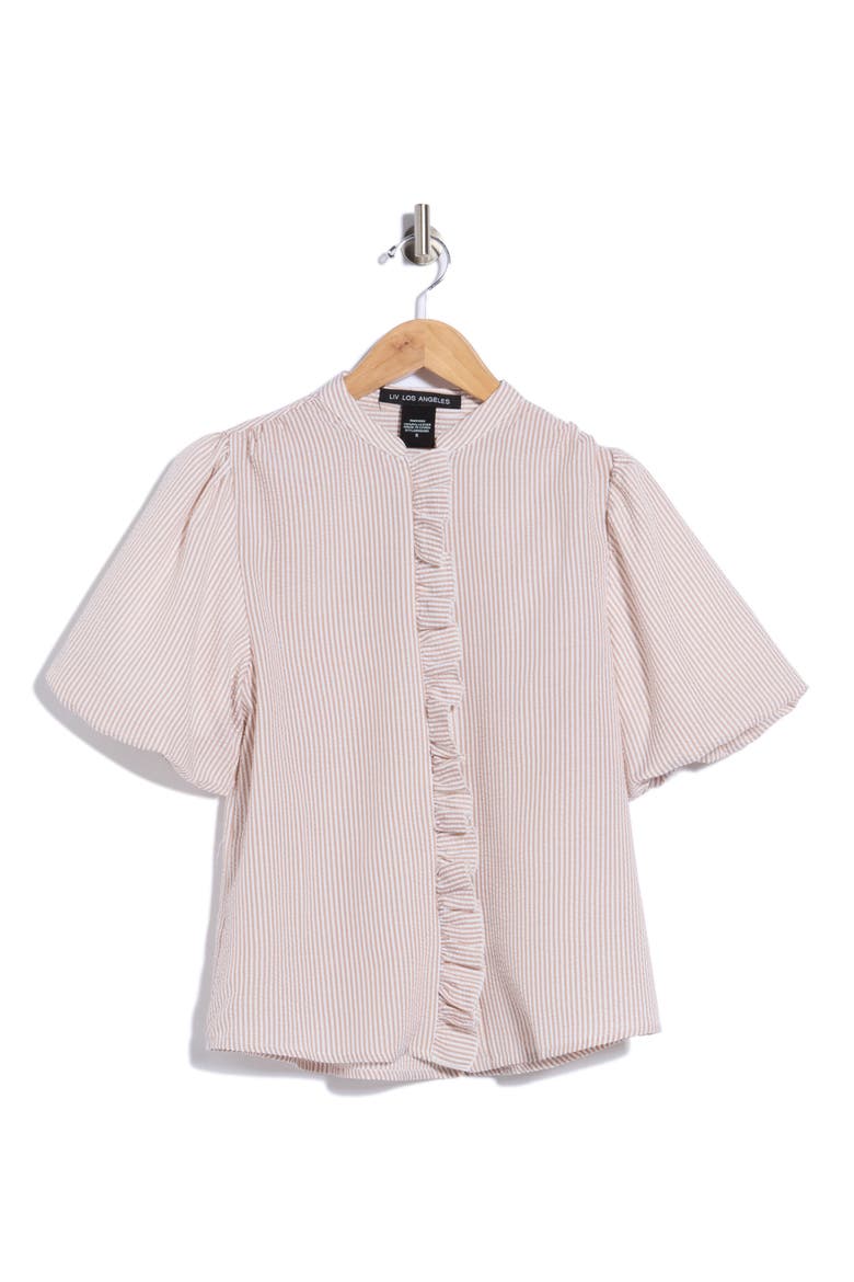 Striped Ruffle Bubble Sleeve Shirt, Alternate, color, TAUPE/ WHITE