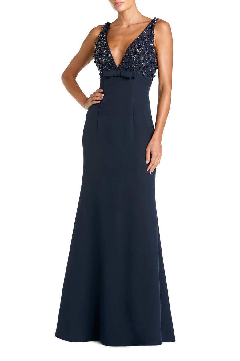Petite Crepe Sleeveless Beaded V Neck Gown With Bow, Main, color, Midnight
