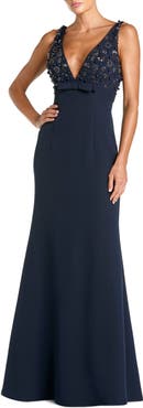 Mac Duggal Petite Crepe Sleeveless Beaded V Neck Gown With Bow