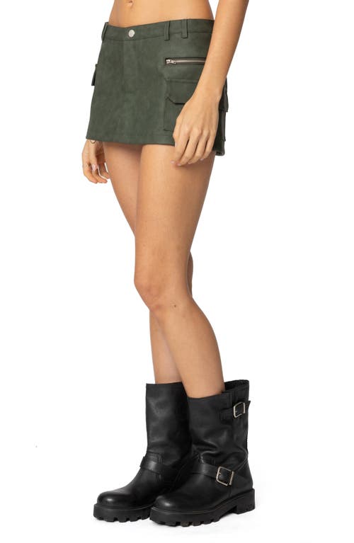 Shop Edikted Low Rise Faux Leather Cargo Miniskort In Olive