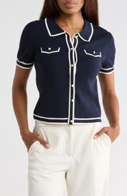 JASON WU Pearly Button Short Sleeve Crop Sweater