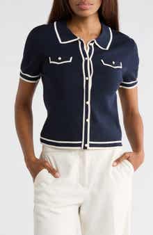 JASON WU Pearly Button Short Sleeve Crop Sweater