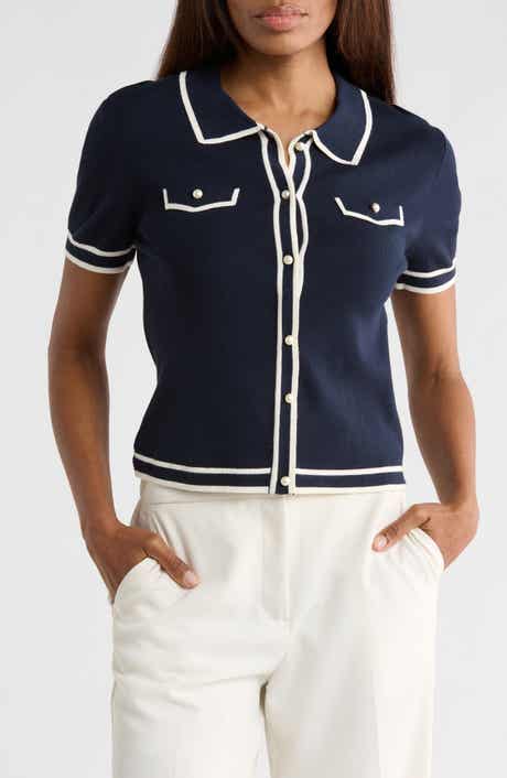 JASON WU Pearly Button Short Sleeve Crop Sweater