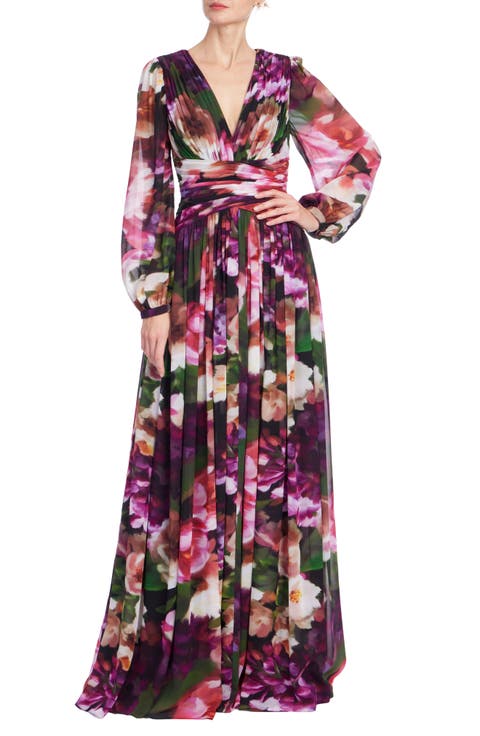 Floral V-Neck Long Sleeve Georgette Gown