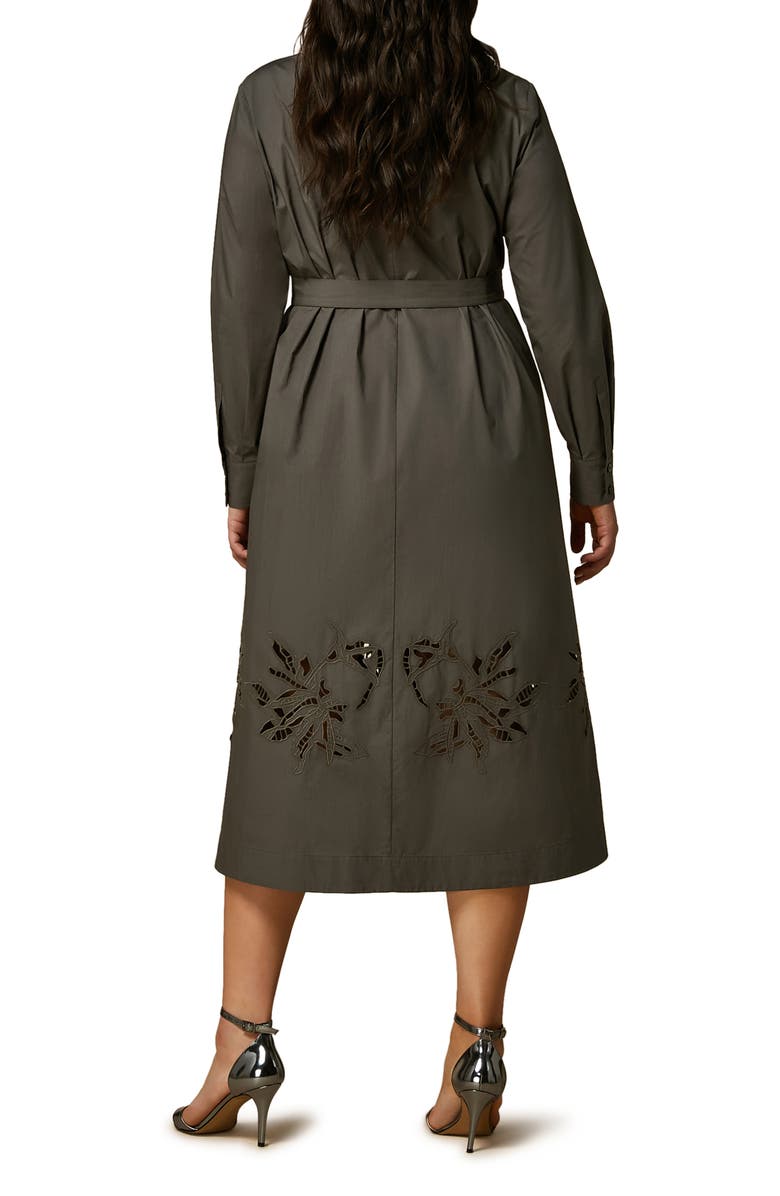 Marina Rinaldi Embroidered Belted Long Sleeve Cotton Poplin Shirtdress, Alternate, color, Khaki