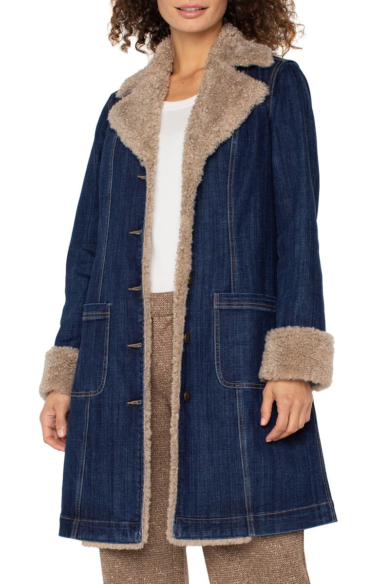 Liverpool Los Angeles Faux Shearling Trim Denim Coat, Main, color, Rinse Wash
