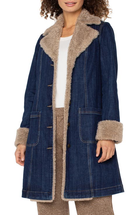Faux Shearling Trim Denim Coat
