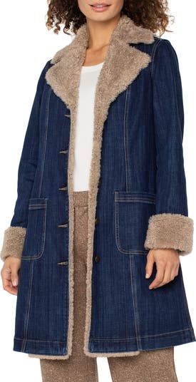 Faux Shearling Trim Denim Coat