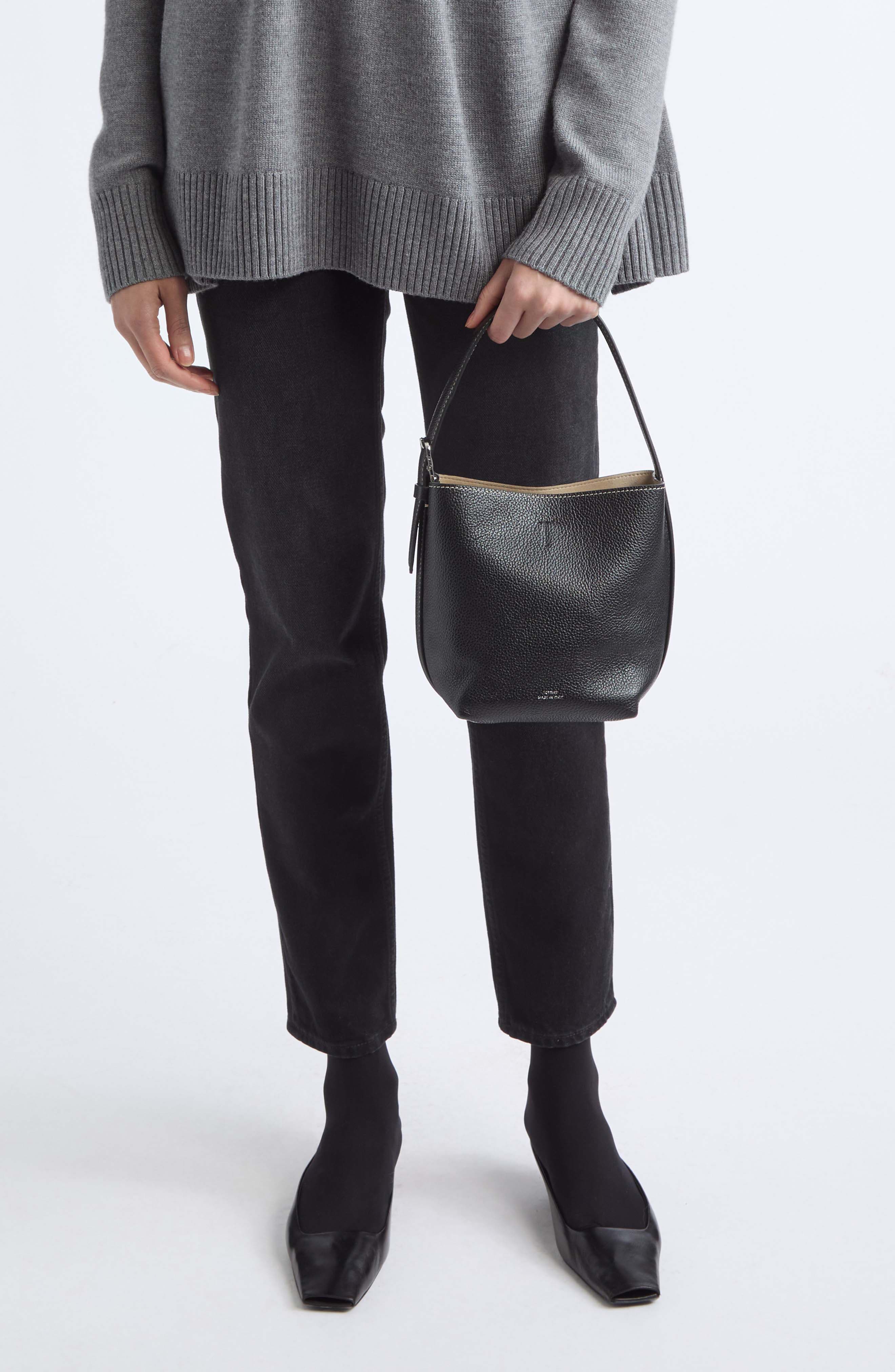 Petite Belted Grained Leather Tote, Alternate, color, BLACK
