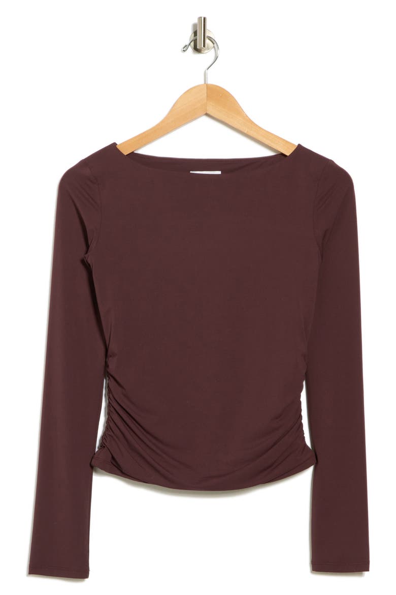 Boat Neck Long Sleeve Ruched Top, Alternate, color, BURGUNDY FUDGE