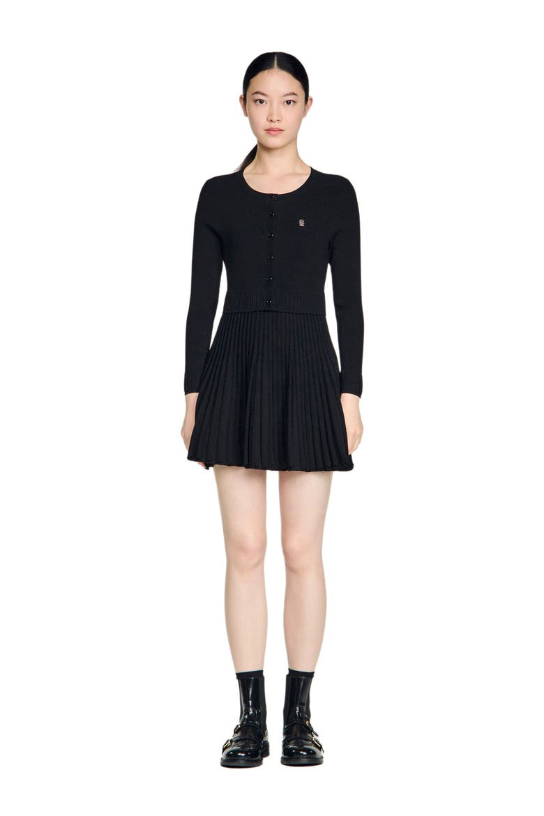 Pleated knit short dress, Alternate, color, Black