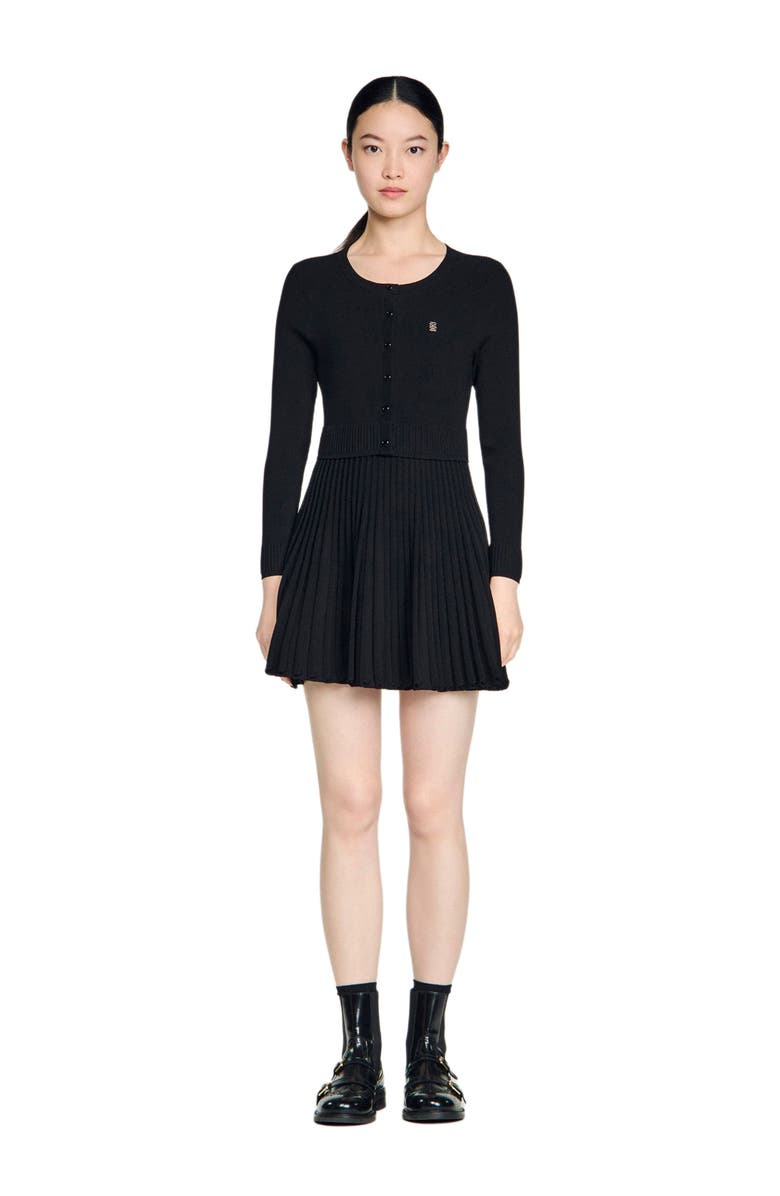 SANDRO Pleated knit short dress, Alternate, color, Black
