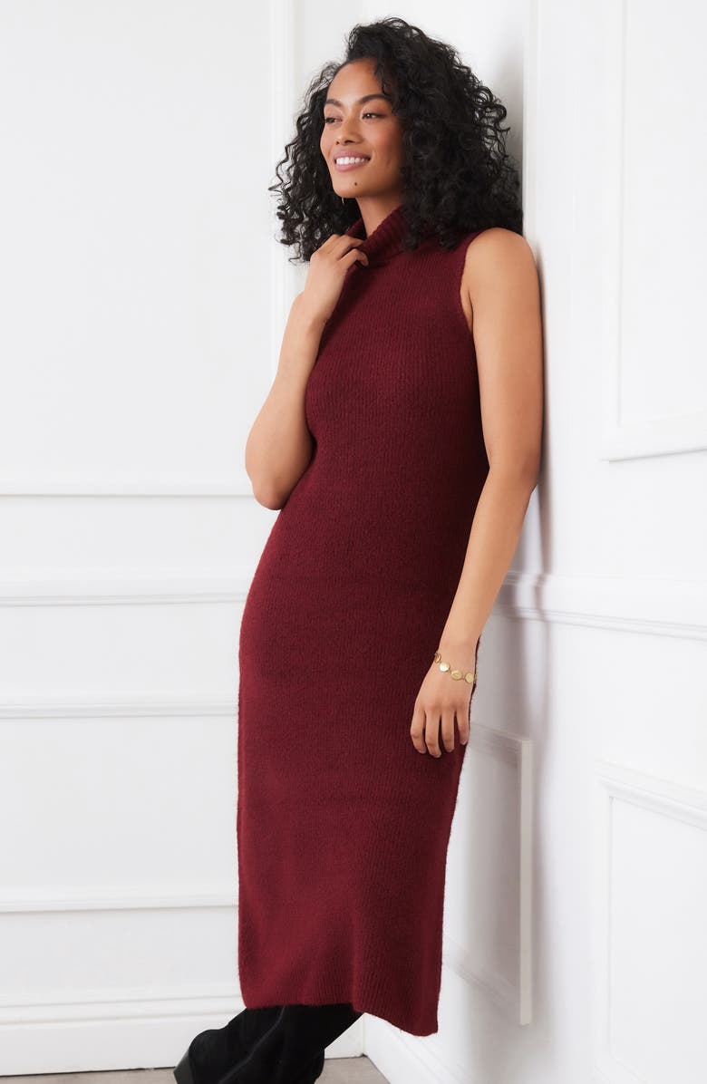 Karen Kane Turtleneck Sleeveless Sweater Midi Dress, Alternate, color, Wine Red