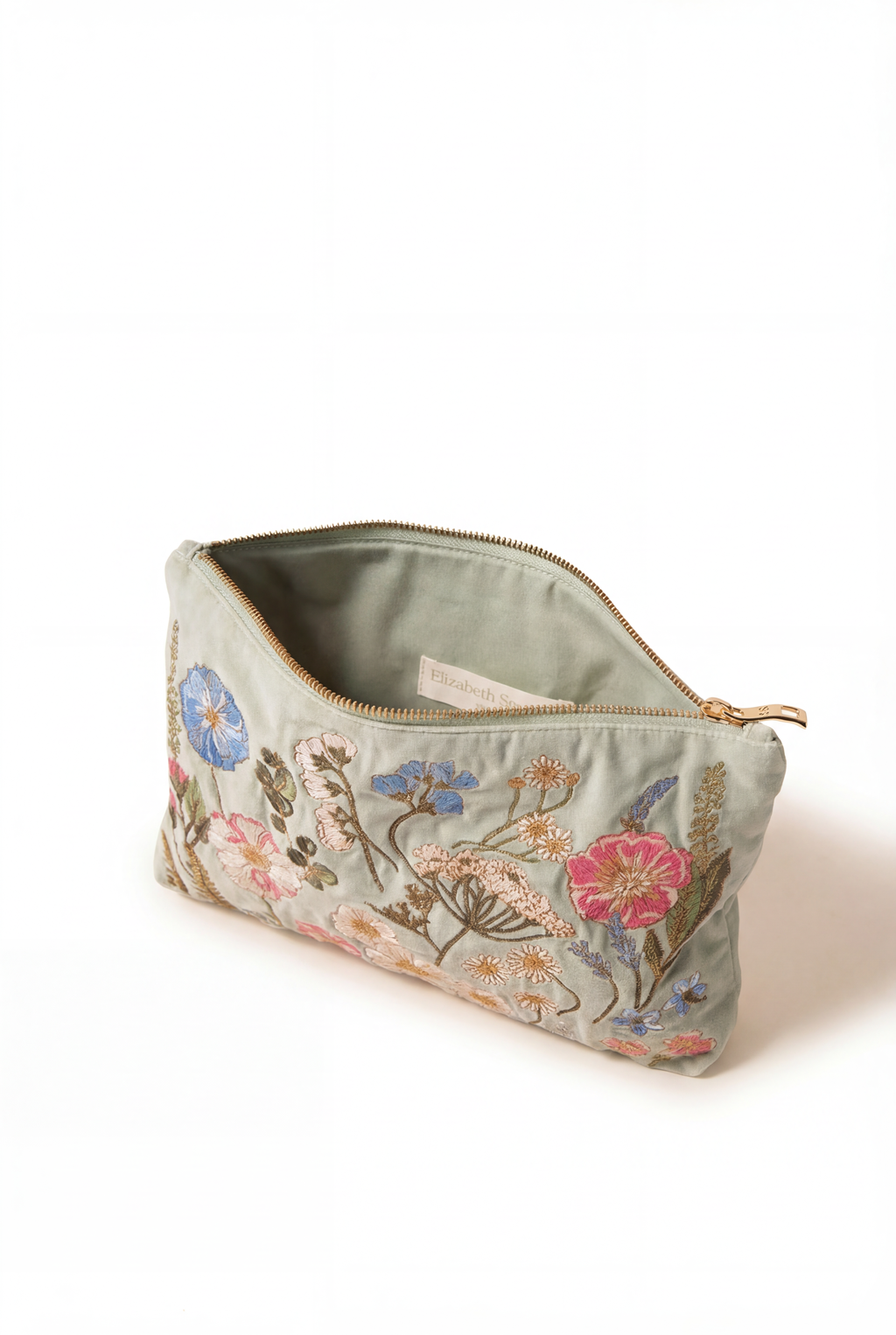 Elizabeth Scarlett Pressed Flowers Velvet Everyday Pouch, Alternate, color, Sage