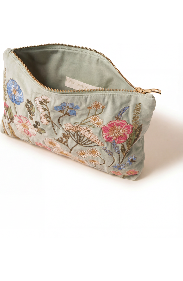 Elizabeth Scarlett Pressed Flowers Velvet Everyday Pouch, Alternate, color, Sage
