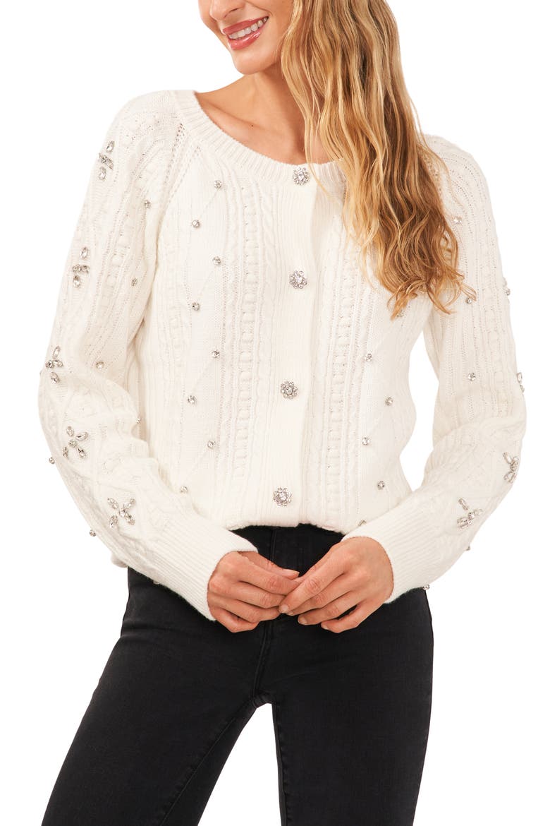 Embellished Cable Stitch Cardigan, Main, color, ANTIQ WHITE
